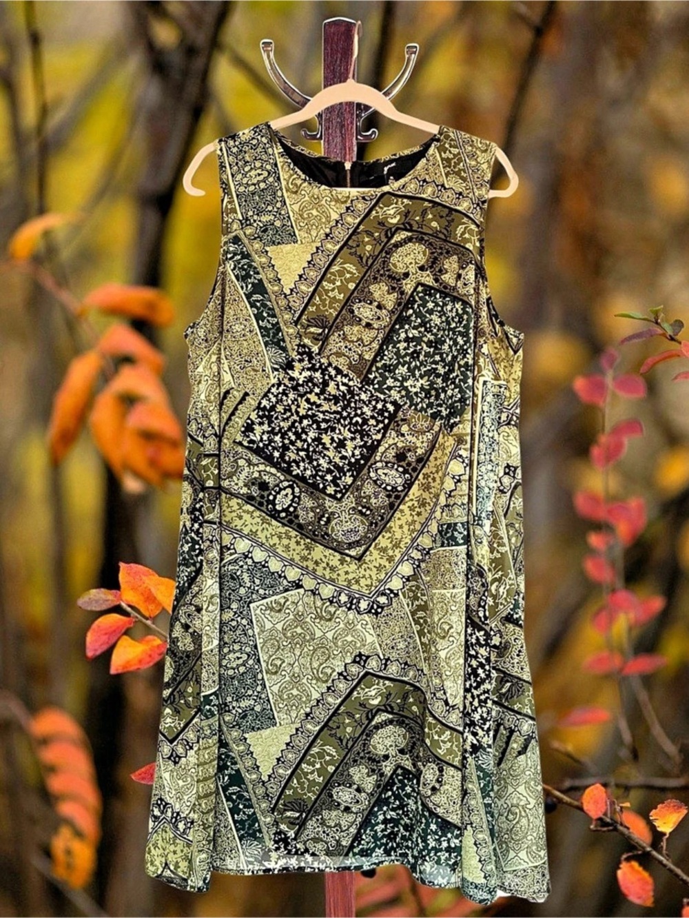 Fall boho paisley patchwork women’s sleeveless shift dress size XL earth tones
